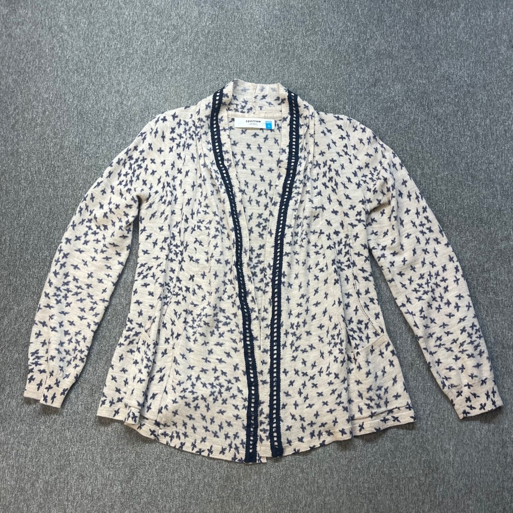 Anthropologie Sparrow Bird Print Open Front Cardigan Crochet Trim Small
